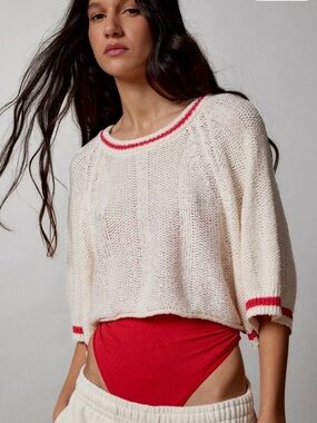 BDG Urban Outfitters Rex Boho Knit Cropped Boxy Textured Short Sleeve Sweater